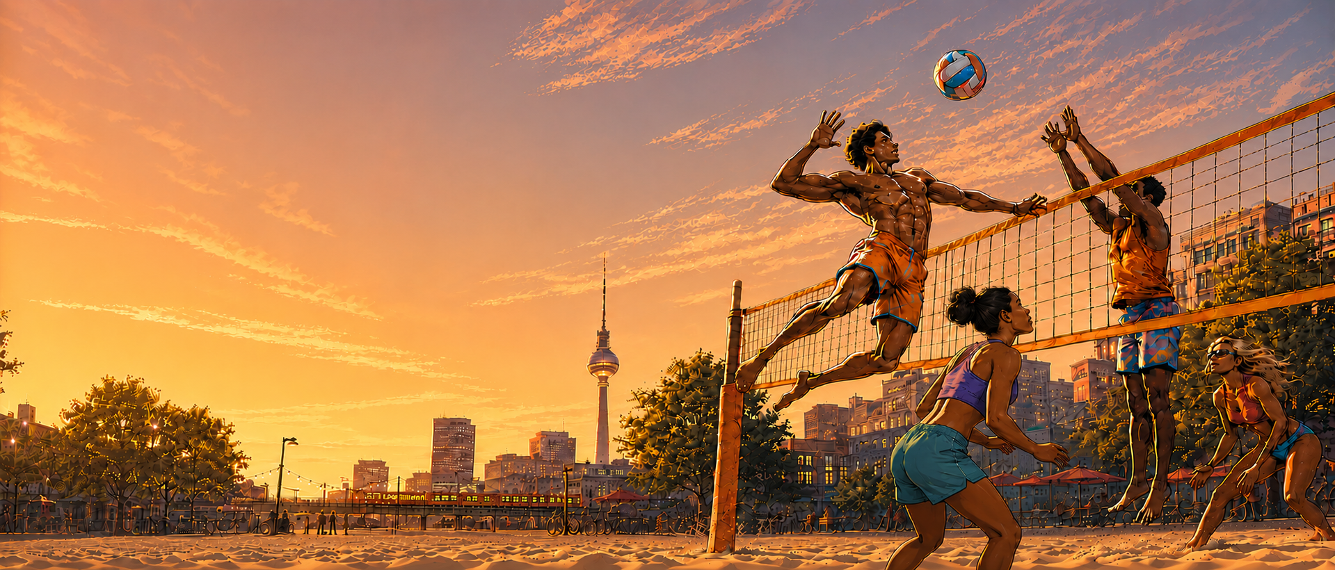 Beach volleyball players on a sunset court in Berlin